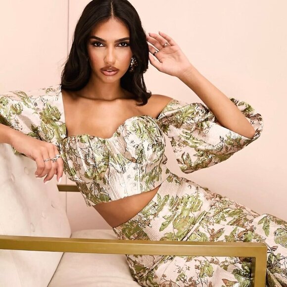 NWT ASOS LUXE jacquard off shoulder crop top in green and gold floral 2 - Picture 1 of 9